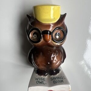 Vintage Wise Owl Savings Bank Elliott's Paints E. Ryburn Enesco Ceramic Glasses